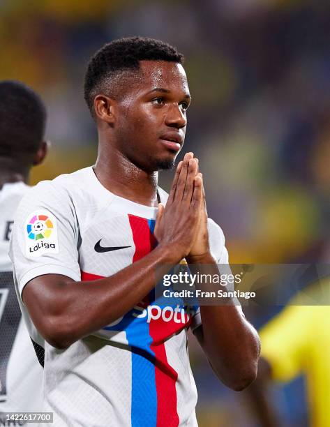 Ansu Fati of FC Barcelona celebrates scoring their teams third goal during the LaLiga Santander match between Cadiz CF and FC Barcelona at Estadio...