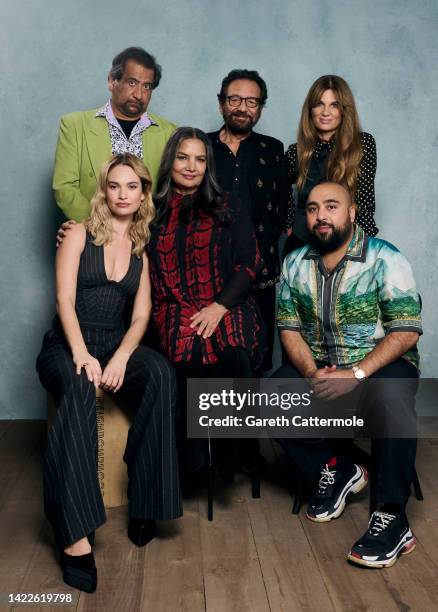 Lily James, Jeff Mirza, Shabana Azmi, Shekhar Kapur, Asim Chaudhry and Jemima Goldsmith of "What's Love Got to Do with It?" pose in the Getty Images...