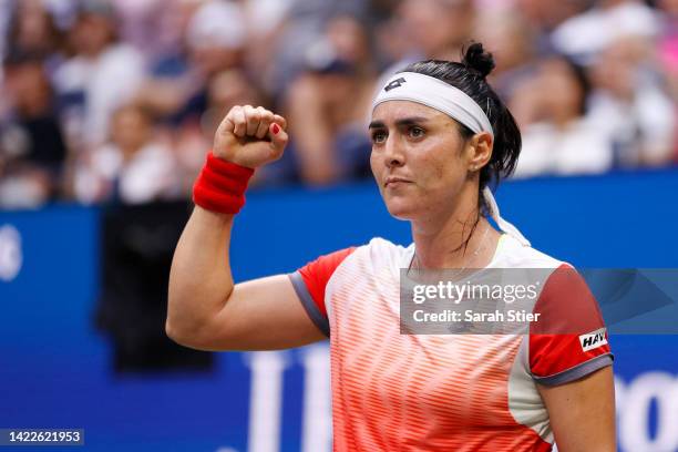 Ons Jabeur of Tunisia celebrates winning a game against Iga Swiatek of Poland during their Women’s Singles Final match on Day Thirteen of the 2022 US...