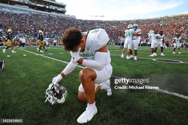 Jace Bobo of the Marshall Thundering Herd celebrates after defeating the Notre Dame Fighting Irish 26-21 at Notre Dame Stadium on September 10, 2022...