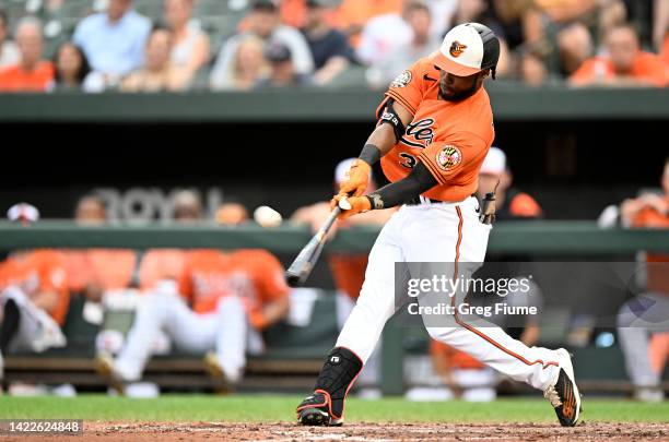 Cedric Mullins of the Baltimore Orioles hits a home run in the third inning against the Boston Red Sox at Oriole Park at Camden Yards on September...