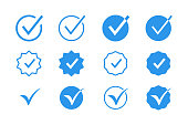 Verified Check Mark Sign Logo Badge Icon Set with Blue Color. Check, Accept, Confirm, Approve, Original, Guarantee.