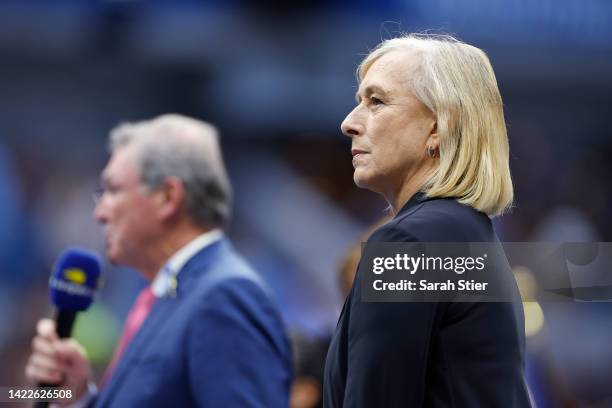 Martina Navratilova looks on after the Women’s Singles Final match between Iga Swiatek of Poland and Ons Jabeur of Tunisia on Day Thirteen of the...