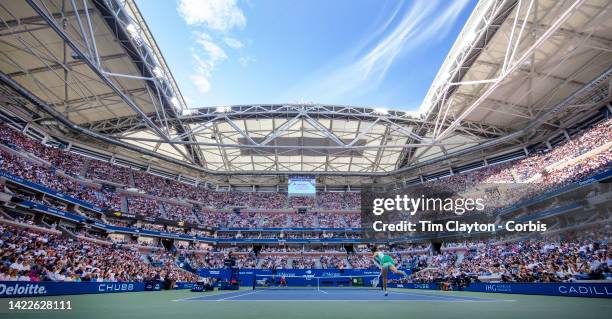 September 10: A panoramic view of Iga Swiatek of Poland in action against Ons Jabeur of Tunisia in the Women's Singles Final match on Arthur Ashe...