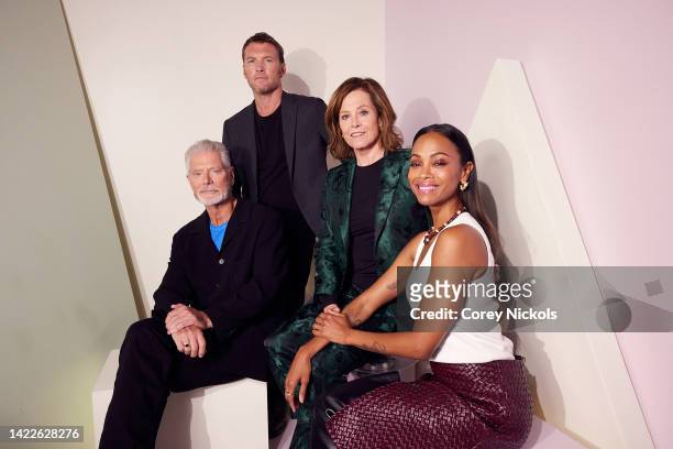 Stephen Lang, Sam Worthington, Sigourney Weaver, and Zoe Saldaña pose at the IMDb Official Portrait Studio during D23 2022 at Anaheim Convention...