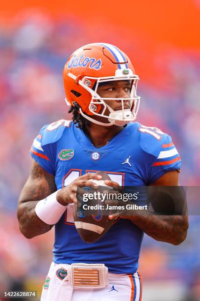 Anthony Richardson of the Florida Gators warms up before the start of a game against the Kentucky Wildcats at Ben Hill Griffin Stadium on September...