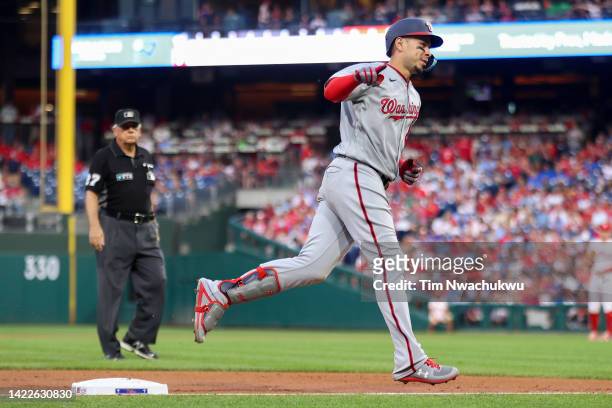 Joey Meneses of the Washington Nationals rounds bases after hitting a two run home run during the third inning against the Philadelphia Phillies at...