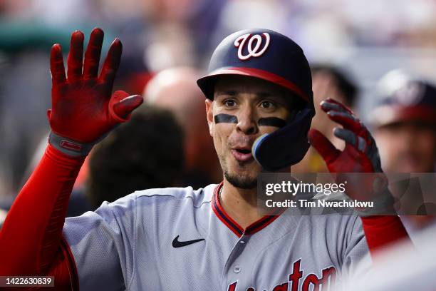 Joey Meneses of the Washington Nationals celebrates after hitting a two run home run during the third inning against the Philadelphia Phillies at...