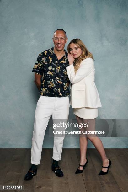 Oliver Hermanus and Aimee Lou Wood of "Living" pose in the Getty Images Portrait Studio Presented by IMDb and IMDbPro at Bisha Hotel & Residences on...