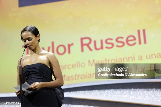 Taylor Russell receives the Marcello Mastroianni Award for Best New Young Actress for "Bones And All" during the closing ceremony of the 79th Venice...