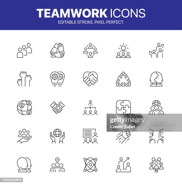 teamwork-symbol festgelegt. business teamwork, arbeitsgruppe und humen resources thin line web symbol - mensch im hintergrund stock-grafiken, -clipart, -cartoons und -symbole