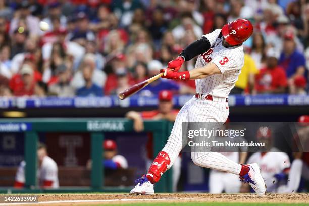 Bryce Harper of the Philadelphia Phillies hits a two run home run during the third inning against the Washington Nationals at Citizens Bank Park on...