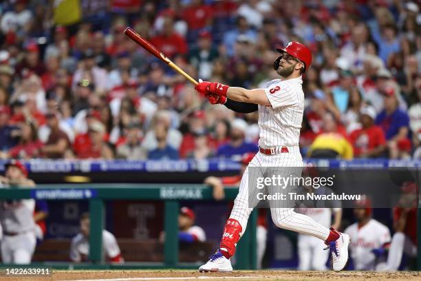 Bryce Harper of the Philadelphia Phillies hits a two run home run during the third inning against the Washington Nationals at Citizens Bank Park on...