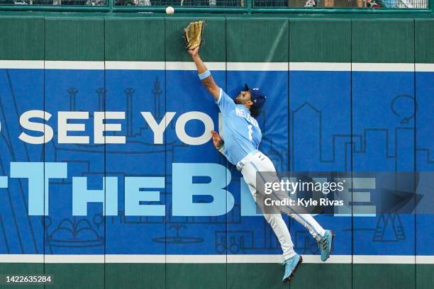 Melendez of the Kansas City Royals misses a Detroit Tigers hit into left field during the sixth inning at Kauffman Stadium on September 10, 2022 in...