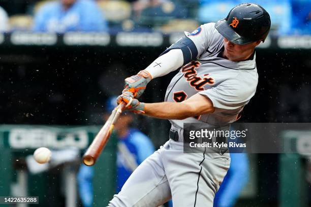 Kerry Carpenter of the Detroit Tigers connects with a Kansas City Royals pitch during the eighth inning at Kauffman Stadium on September 10, 2022 in...