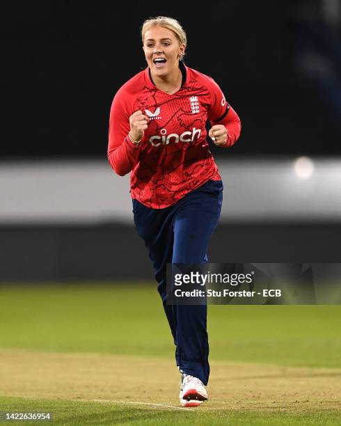England bowler Sarah Glenn celebrates the wicket of India batter Shafali Verma during the 1st Vitality IT20 match between England and India at Seat...