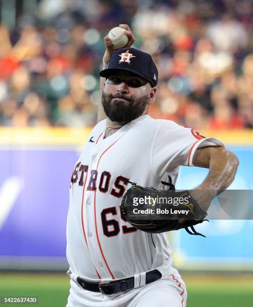 Jose Urquidy of the Houston Astros pitches in the first inning against the Los Angeles Angels at Minute Maid Park on September 10, 2022 in Houston,...