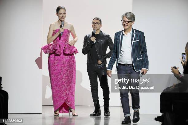 Coco Rocha, Christian Siriano and Buxton Midyette speak on the runway for the Supima fashion show during September 2022 New York Fashion Week: The...