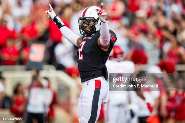 Defensive back Reggie Pearson Jr. #2 of the Texas Tech Red Raiders reacts during the game against the Houston Cougars at Jones AT&T Stadium on...