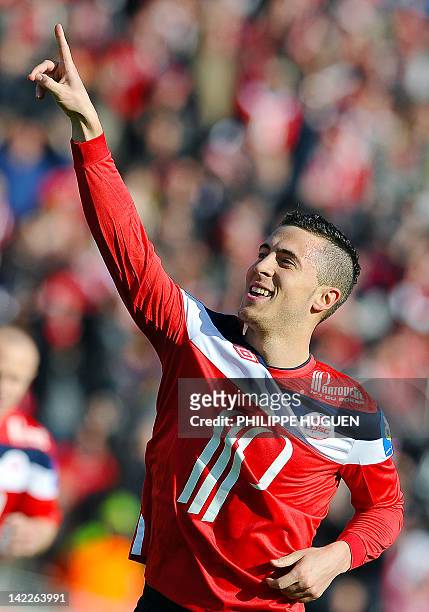 Lille's Belgian midfielder Eden Hazard celebrates after scoring a goal during the French L1 football match Lille vs Toulouse on April 01, 2012 at...