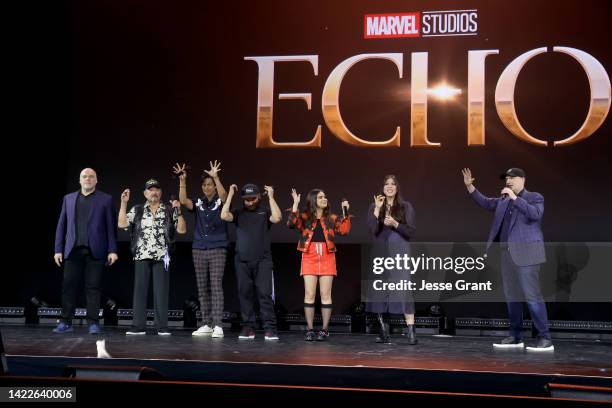 Vincent D'Onofrio, Graham Greene, Chaske Spencer, Cody Lightning, Devery Jacobs, Alaqua Cox, and Kevin Feige, President of Marvel Studios and Chief...