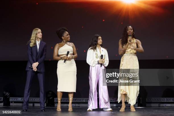 Brie Larson, Teyonah Parris, Iman Vellani, and Nia DaCosta speak onstage during D23 Expo 2022 at Anaheim Convention Center in Anaheim, California on...