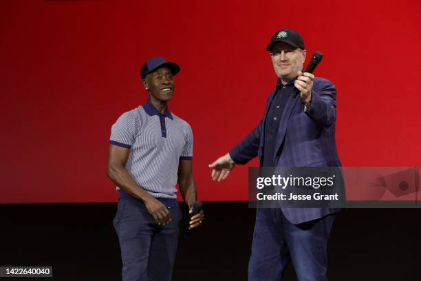 Don Cheadle and Kevin Feige, President of Marvel Studios and Chief Creative Officer of Marvel, speaks onstage during D23 Expo 2022 at Anaheim...