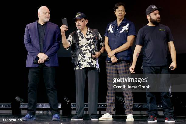 Vincent D'Onofrio, Graham Greene, Chaske Spencer, and Cody Lightning speak onstage during D23 Expo 2022 at Anaheim Convention Center in Anaheim,...