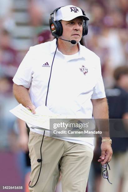 Head coach Jimbo Fisher of the Texas A&M Aggies looks on during the second half against the Appalachian State Mountaineers at Kyle Field on September...