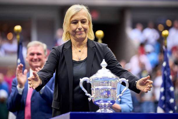 Martina Navratilova gets the championship trophy after defeating Ons Jabeur of Tunisia during their Women’s Singles Final match on Day Thirteen of...