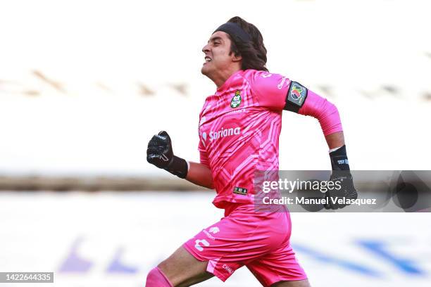 Carlos Acevedo of Santos celebrates after scoring his team's third goal during the 14th round match between Queretaro and Santos Laguna as part of...