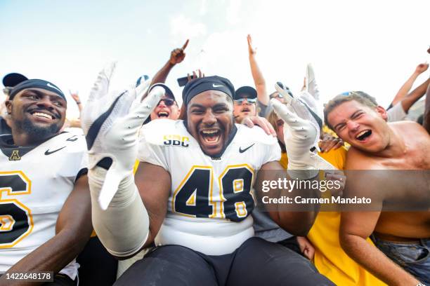 Deshawn McKnight of the Appalachian State Mountaineers celebrates defeating the Texas A&M Aggies at Kyle Field on September 10, 2022 in College...