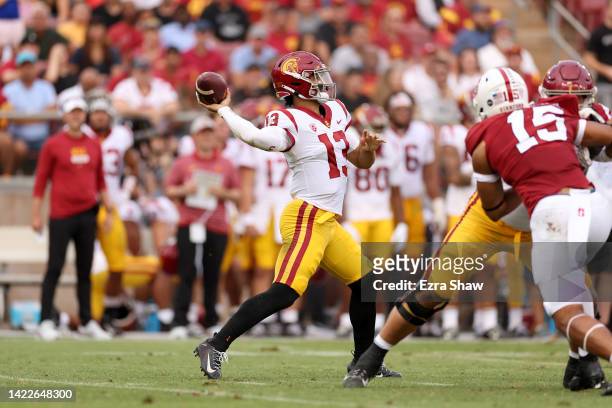 Caleb Williams of the USC Trojans throws a touchdown pass to Jordan Addison of the USC Trojans in the first quarter against the Stanford Cardinal at...