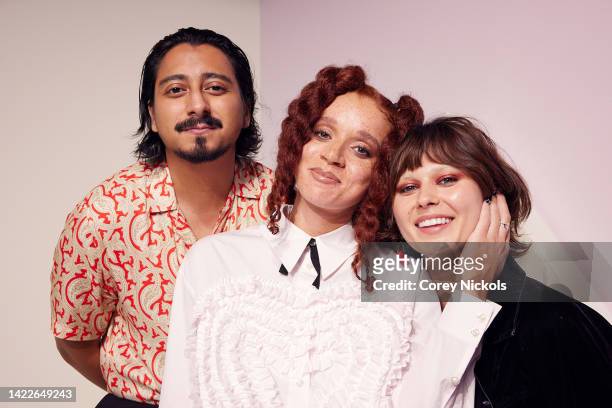 Tony Revolori, Erin Kellyman, and Ruby Cruz pose at the IMDb Official Portrait Studio during D23 2022 at Anaheim Convention Center on September 10,...