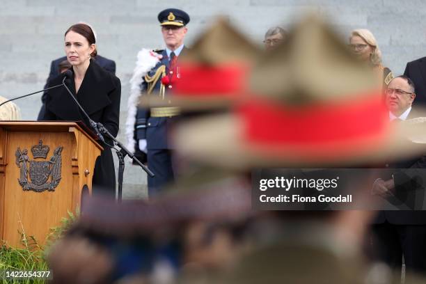 New Zealand Prime Minister Jacinda Ardern speaks on the steps of parliament during the proclamation of accession ceremony to acknowledge King Charles...