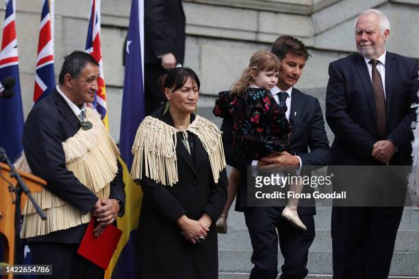New Zealand Prime Minister Jacinda Ardern's daughter Neve Te Aroha Ardern Gayford joins her father Clarke Gayford as they walk back up the steps of...