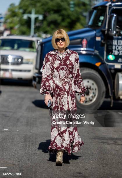 Anna Wintour wearing dress with floral print outside Altuzarra on September 10, 2022 in New York City.