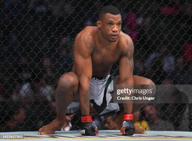 Jailton Almeida of Brazil prepares to fight Anton Turkalj of Sweden in a 220-pound catchweight fight during the UFC 279 event at T-Mobile Arena on...