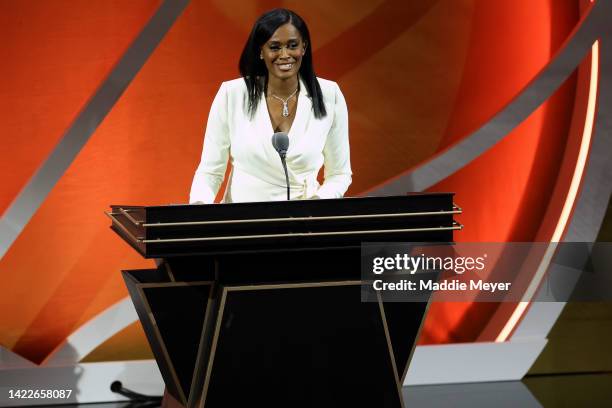 Naismith Memorial Basketball Hall of Fame Class of 2022 enshrinee Swin Cash speaks during the 2022 Basketball Hall of Fame Enshrinement Ceremony at...