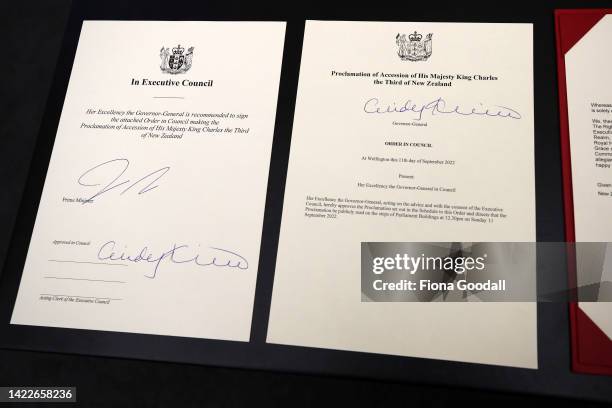 The proclamation signed by New Zealand Prime Minister Jacinda Ardern and Govenor General Dame Cindy Kiro ahead of the proclamation of accession...