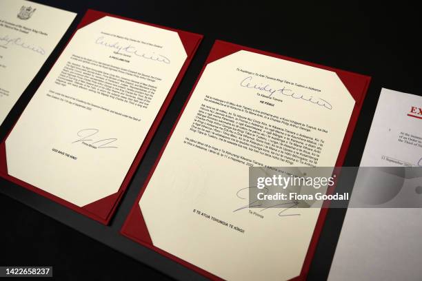 The proclamation signed by New Zealand Prime Minister Jacinda Ardern and Govenor General Dame Cindy Kiro ahead of the proclamation of accession...