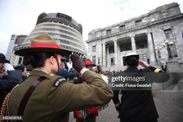 Salute during the proclamation of accession ceremony to acknowledge King Charles III as the King of New Zealand on September 11, 2022 in Wellington,...