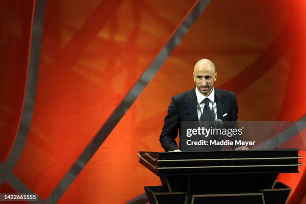 Naismith Memorial Basketball Hall of Fame Class of 2022 enshrinee Manu Ginobili speaks during the 2022 Basketball Hall of Fame Enshrinement Ceremony...