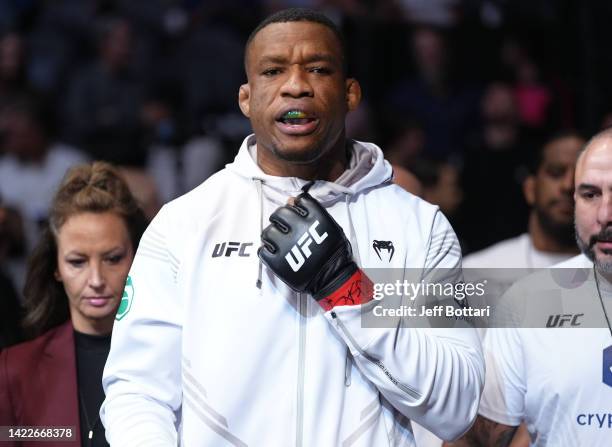 Jailton Almeida of Brazil prepares to fight Anton Turkalj of Sweden in a 220-pound catchweight fight during the UFC 279 event at T-Mobile Arena on...