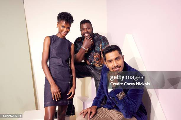 Letitia Wright, Winston Duke, and Tenoch Huerta pose at the IMDb Official Portrait Studio during D23 2022 at Anaheim Convention Center on September...