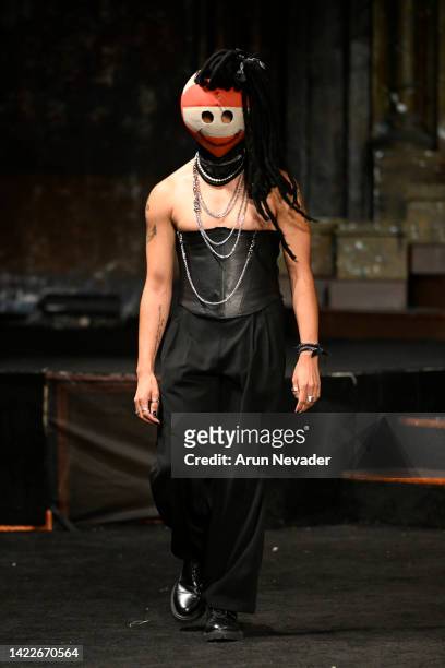 Model walks the runway for Dust Of Gods At New York Fashion Week Powered By Art Hearts Fashion September 2022 at The Angel Orensanz Foundation on...