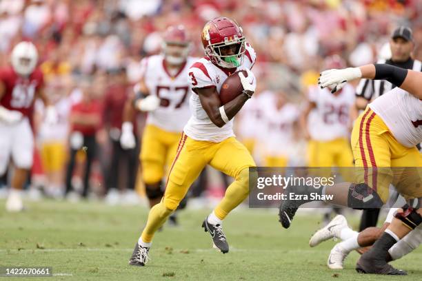 Jordan Addison of the USC Trojans runs in for a touchdown against the Stanford Cardinal in the first half at Stanford Stadium on September 10, 2022...