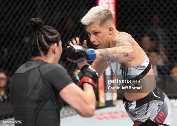 Macy Chiasson battles Irene Aldana of Mexico in a 140-pound catchweight fight during the UFC 279 event at T-Mobile Arena on September 10, 2022 in Las...