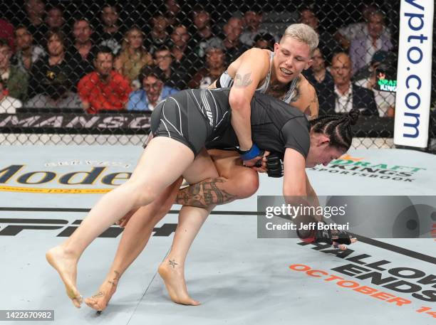 Macy Chiasson battles Irene Aldana of Mexico in a 140-pound catchweight fight during the UFC 279 event at T-Mobile Arena on September 10, 2022 in Las...