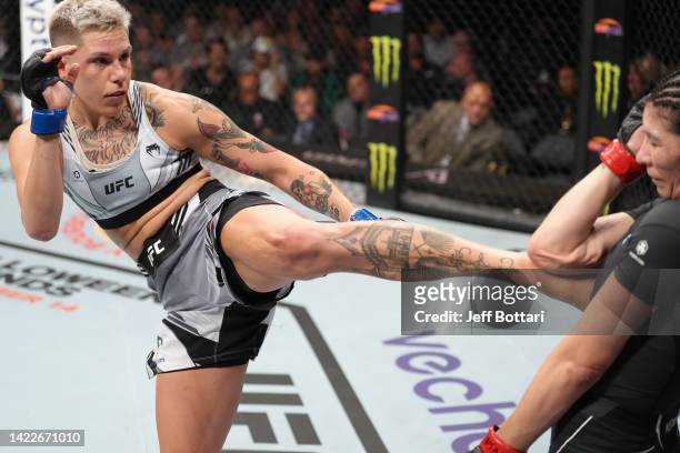 Macy Chiasson kicks Irene Aldana of Mexico in a 140-pound catchweight fight during the UFC 279 event at T-Mobile Arena on September 10, 2022 in Las...